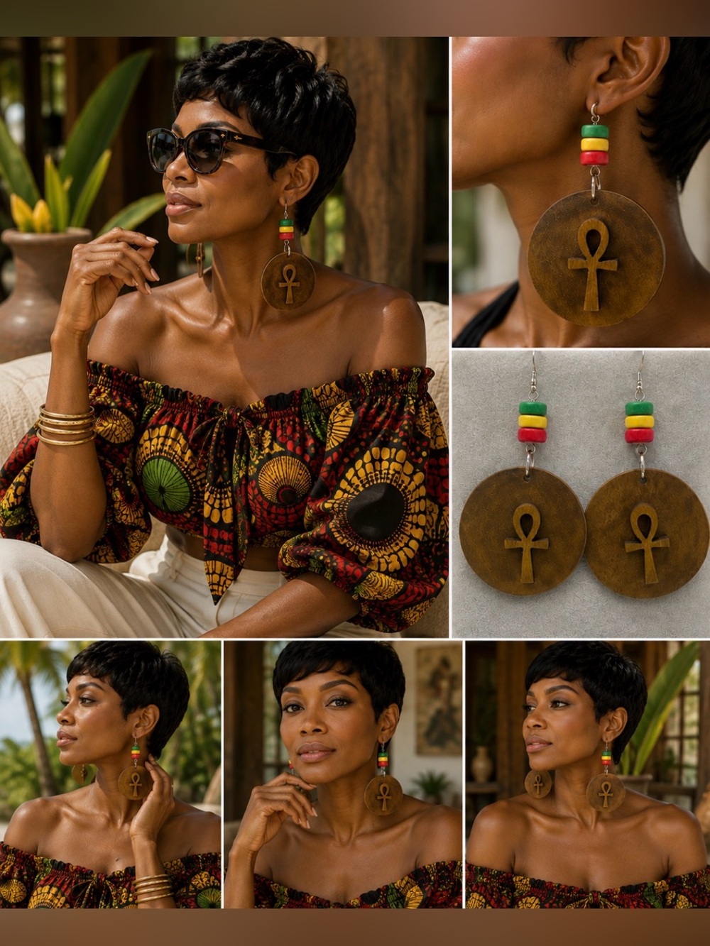 Handcrafted Green Yellow Red and Wood Ankh Drop Earrings - Picture 3 of 8